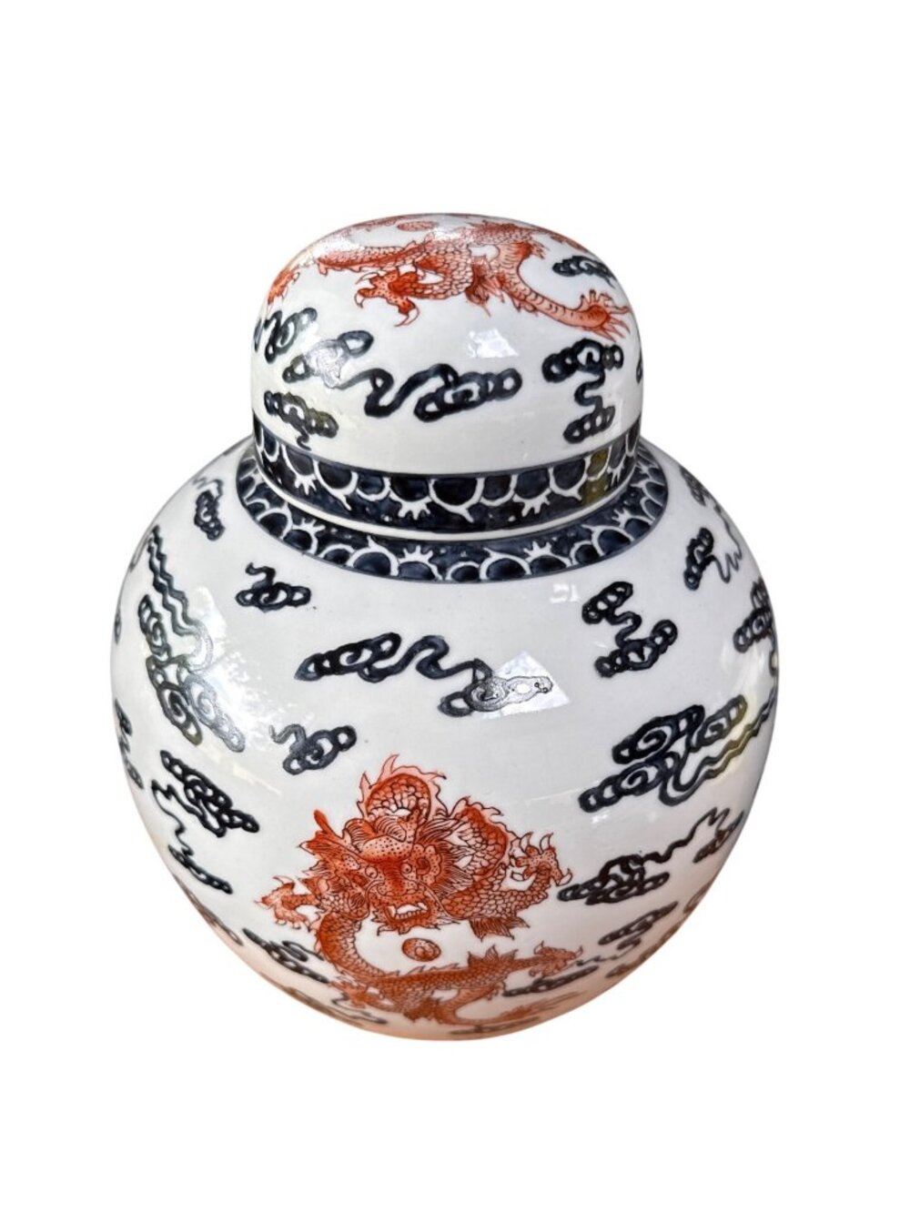Hand-Painted Porcelain Ginger Jar & Lid Featuring Red Dragon, Cloud and Sea Wave